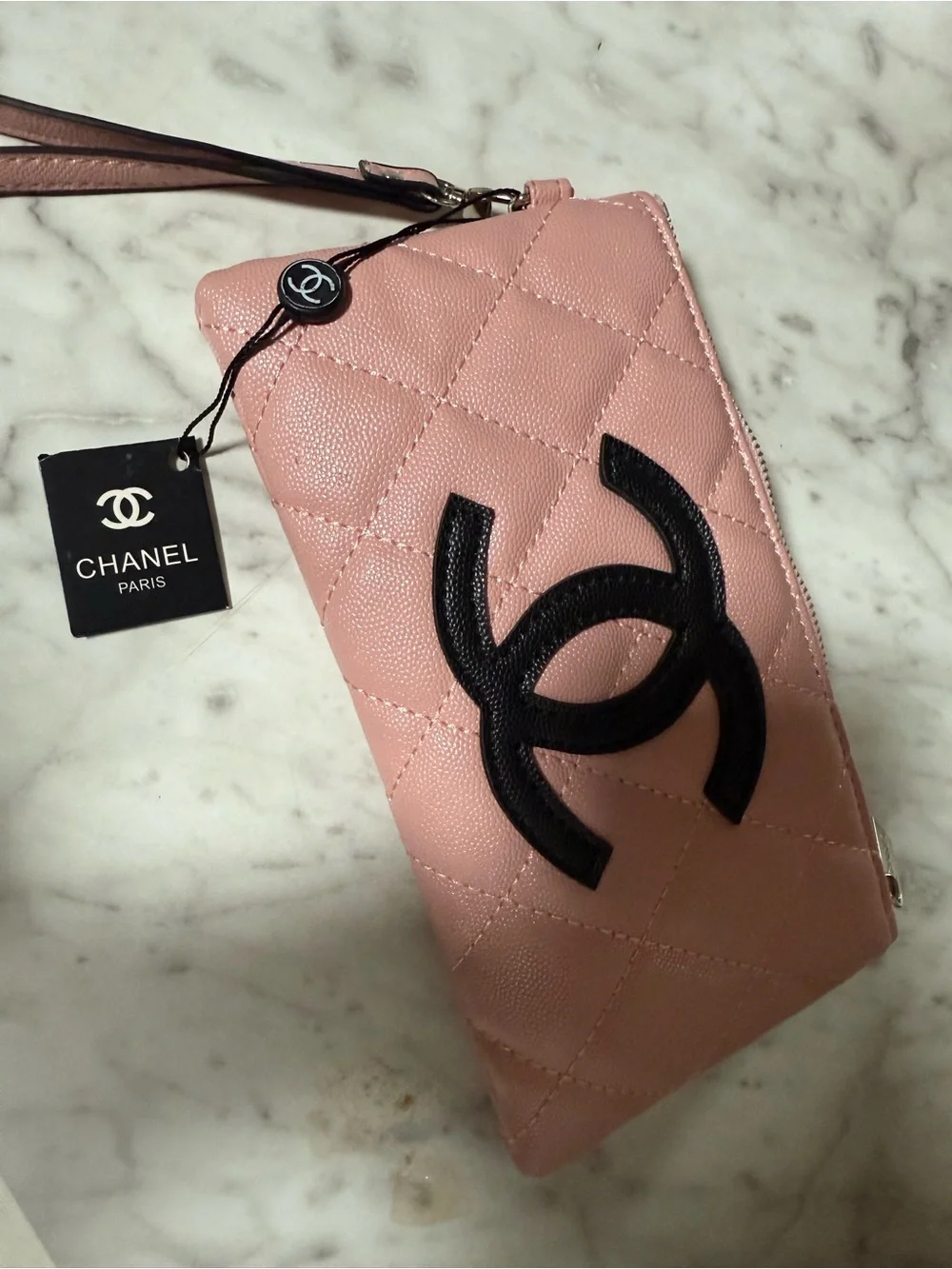 Pink Quilted Wristlet with Black Logo